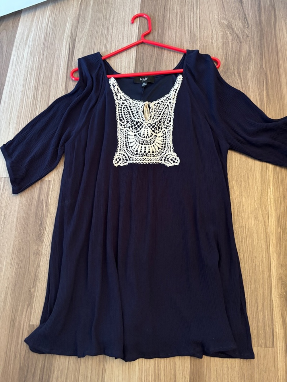 NAIF Navy Cold-Shoulder Tunic with Cream Crochet Yoke